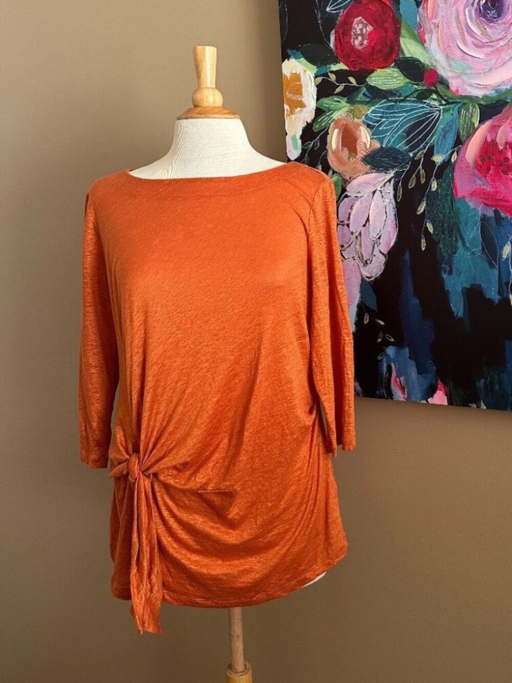 Andrea Jovine 100% Linen Orange Side Tie Tunic Top Size L Boho Coastal